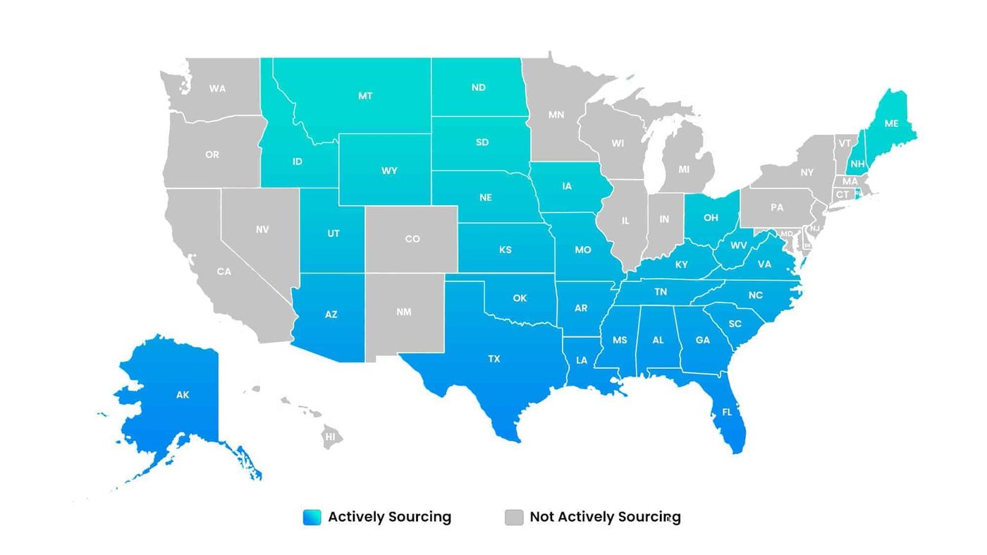 U.S. map showing states where Arise is actively sourcing agents