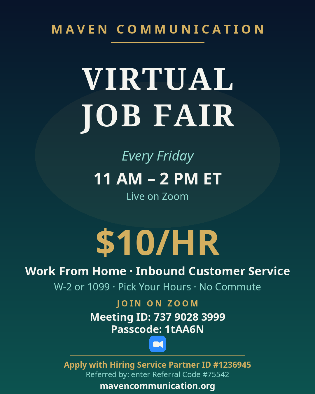 Maven Communication Virtual Job Fair flyer — every Friday 11 AM to 2 PM ET on Zoom